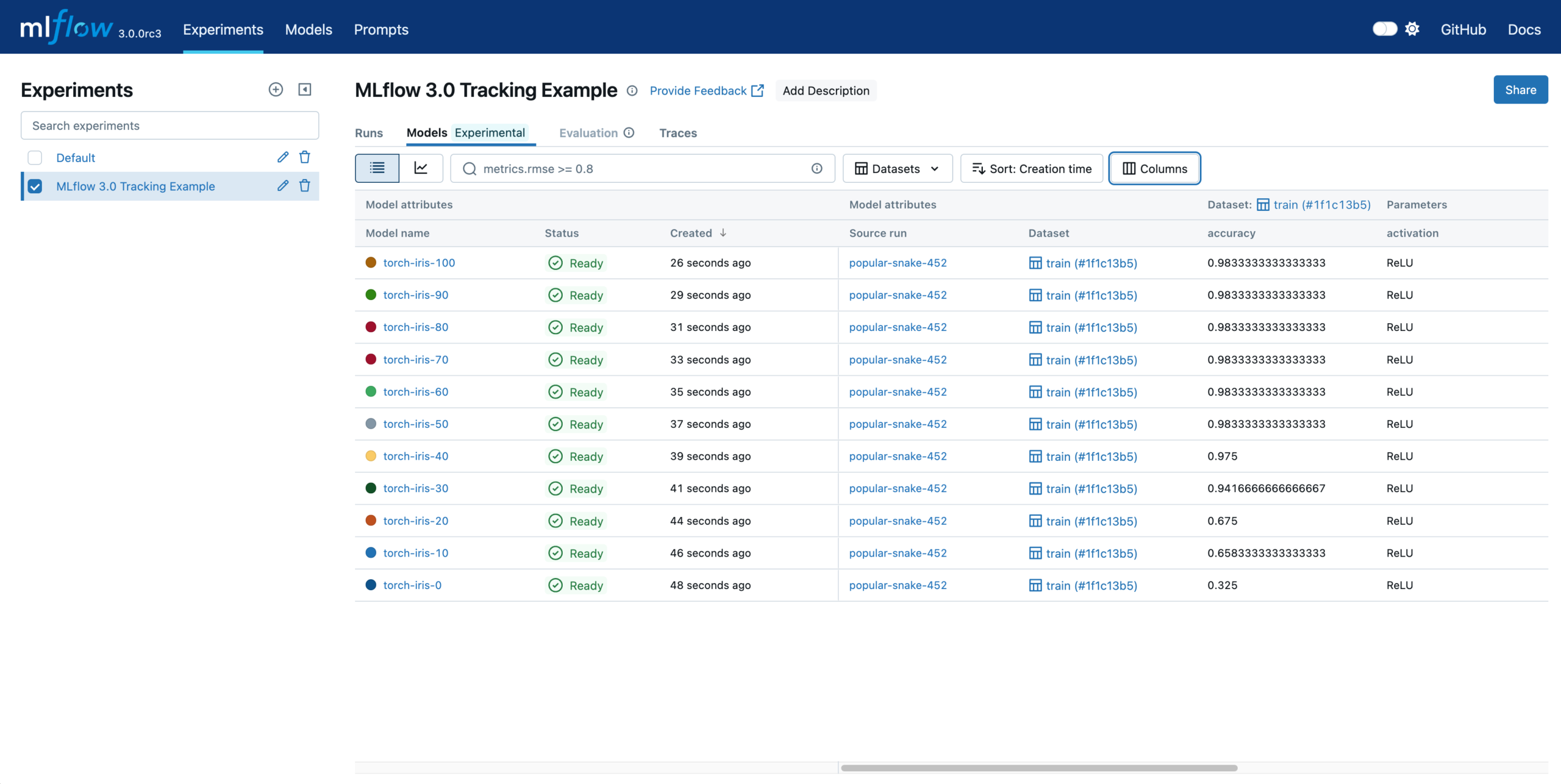 MLflow experiment tracking dashboard showing runs, metrics, and parameters
