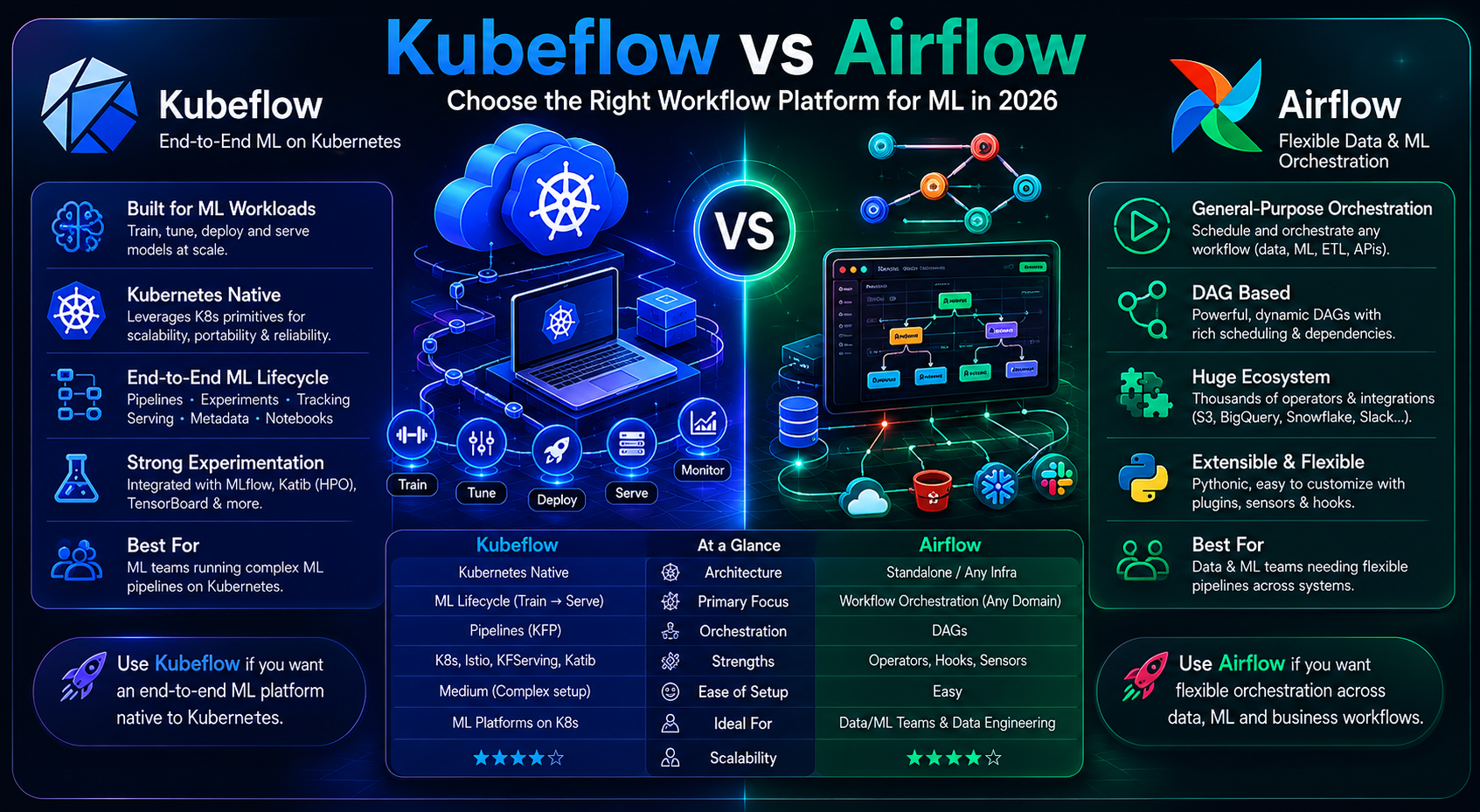 Kubeflow vs Airflow comparison chart showing architecture differences, GPU support, and ML pipeline orchestration features in 2026